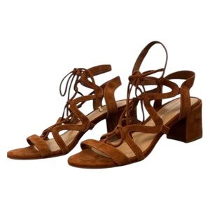 Saks Fifth Avenue Cognac Camel Brown Suede Lace Up Block Heel Sandals - 6.5